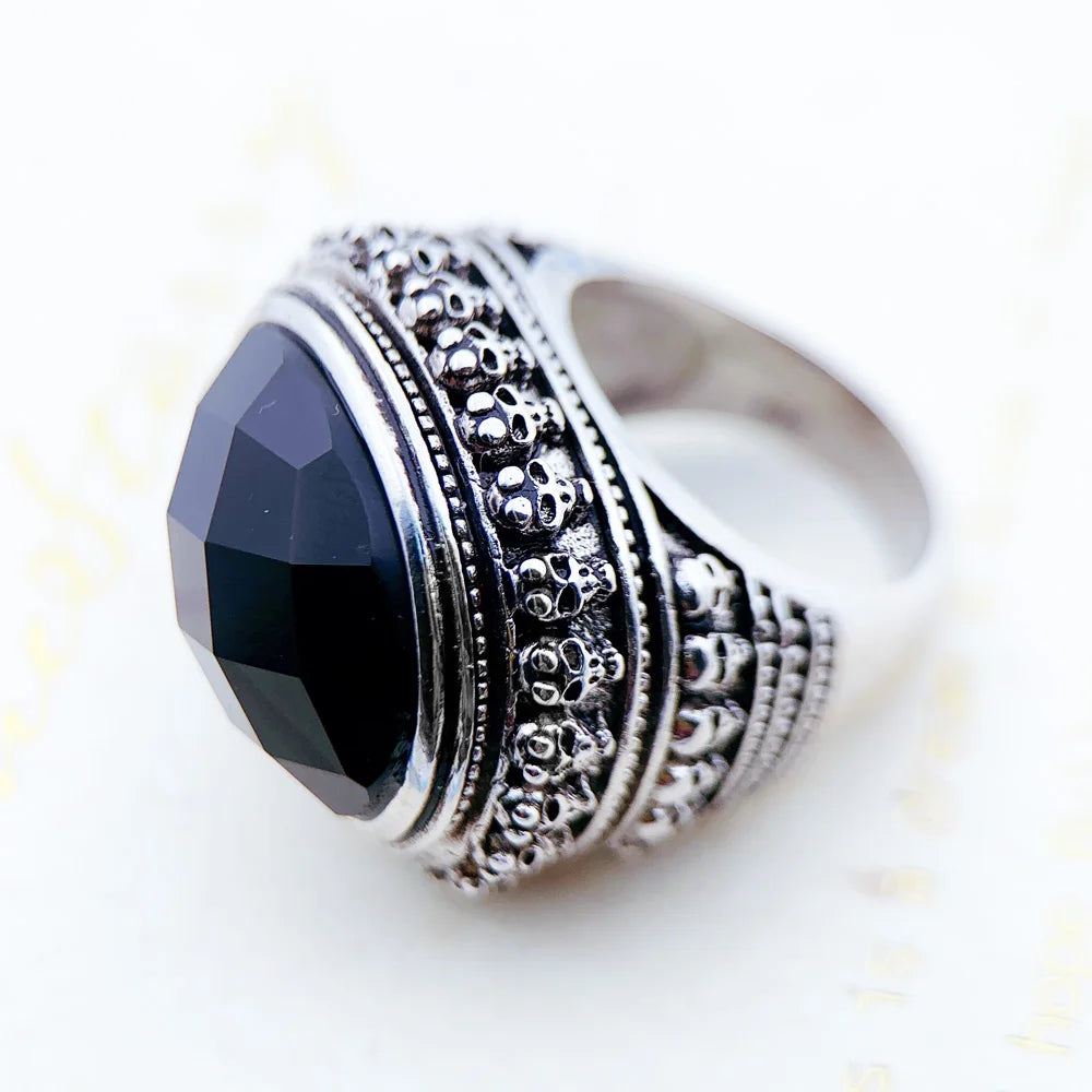 Cocktail Ring Black Oval CZ Skull Skeleton,Europe Style Fashion Jewelry Gift in 925 Sterling Silver for Men & Women