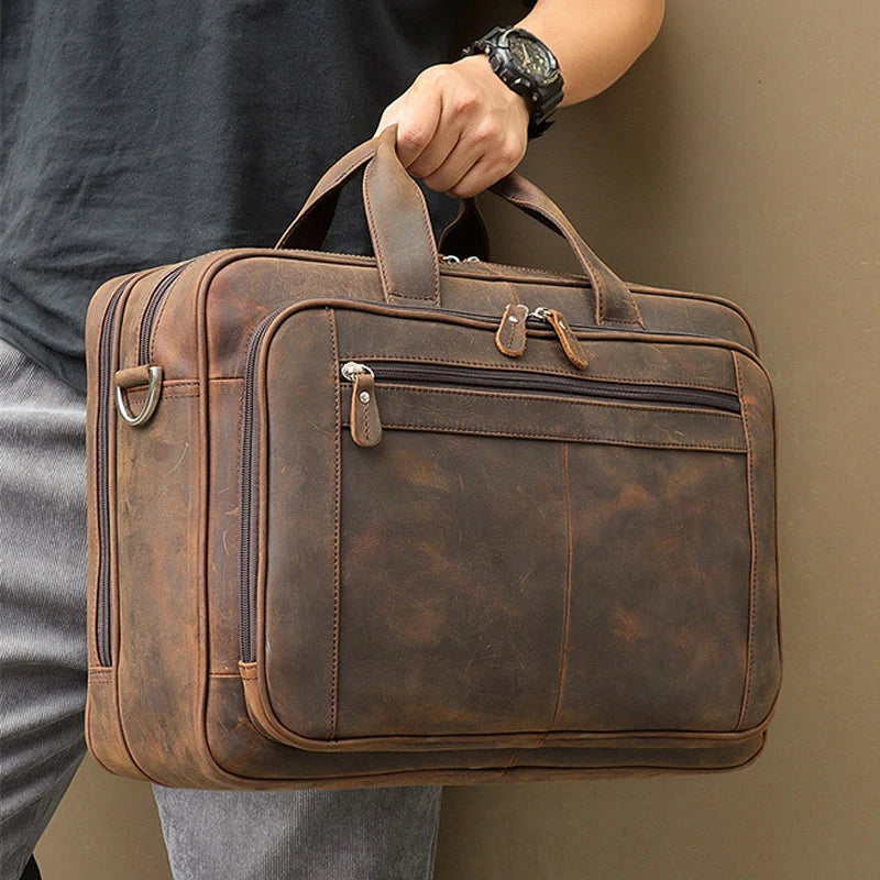 Vintage Crazy Horse Genuine Leather Briefcase Business Bag Large Leather Office Bag Male 17" Laptop Case Document File Bag M160