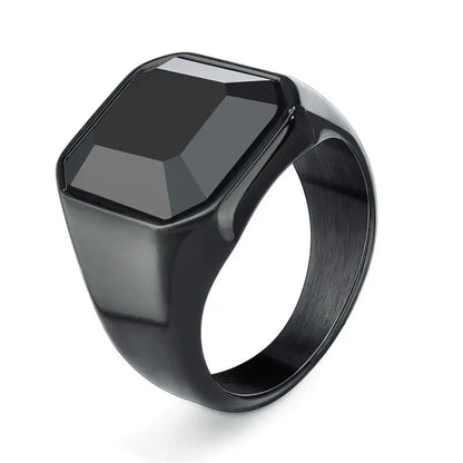 New Male Black Stone Stainless Steel Ring Silver Color Hip Hop Party Punk Rings for Men Wedding Jewelry