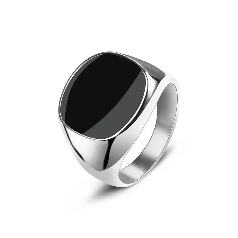 New Male Black Stone Stainless Steel Ring Silver Color Hip Hop Party Punk Rings for Men Wedding Jewelry