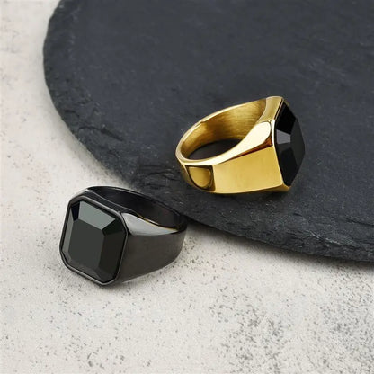 New Male Black Stone Stainless Steel Ring Silver Color Hip Hop Party Punk Rings for Men Wedding Jewelry