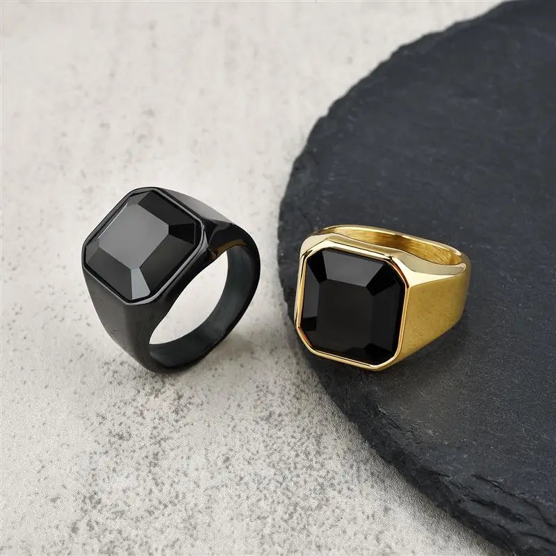 New Male Black Stone Stainless Steel Ring Silver Color Hip Hop Party Punk Rings for Men Wedding Jewelry